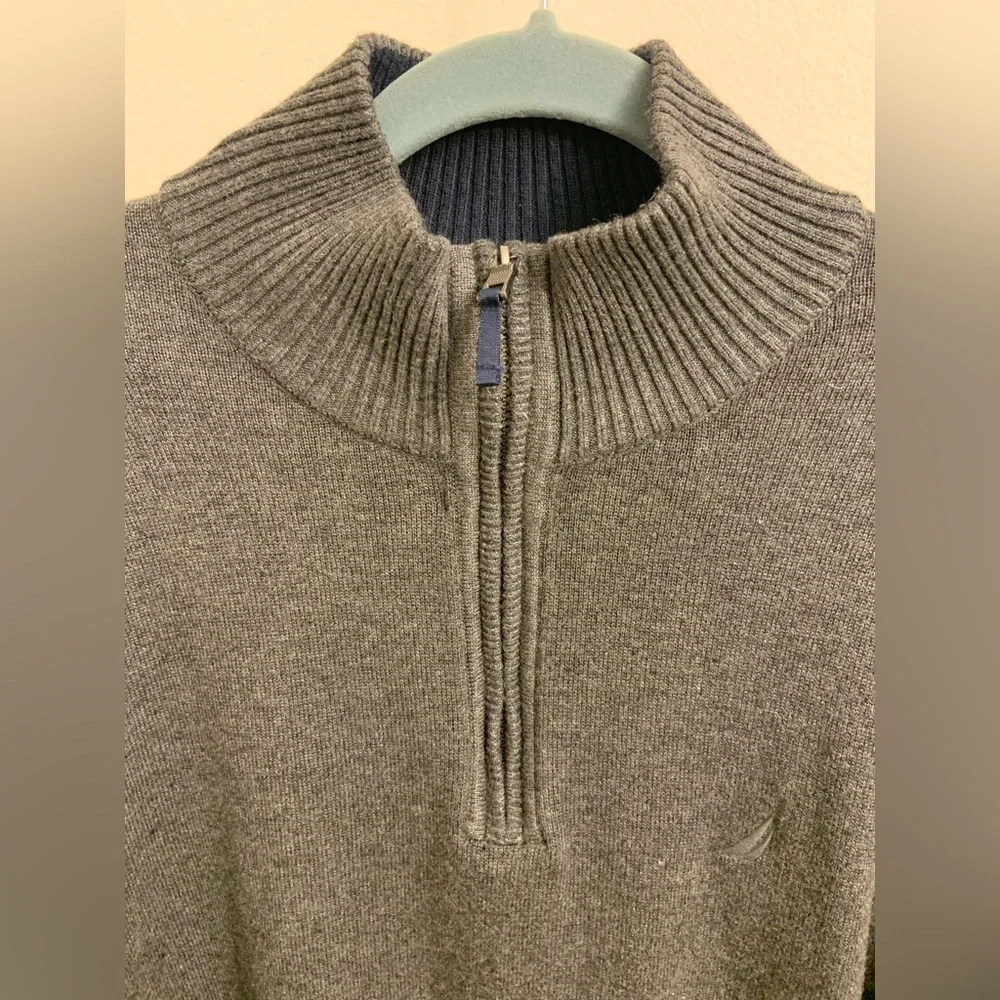 Nautica Gray Quarter Zip Sweater Pullover Ribbed Collar Cotton Blend Men’s Large - Picture 5 of 8